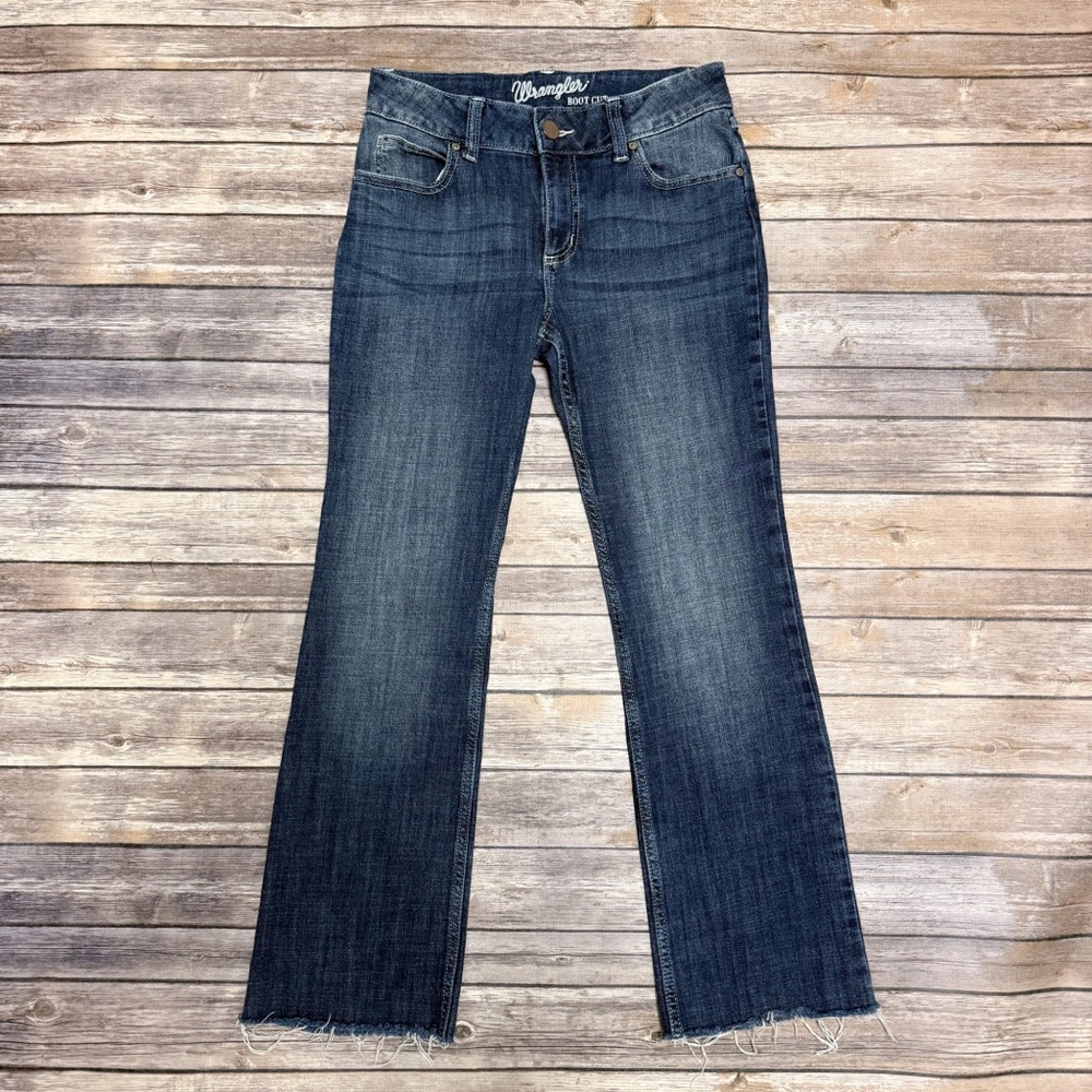 Wrangler Dark Wash Faded Raw Edge Cut Off Boot Leg Mid Rise Womens Jeans 5 X 32